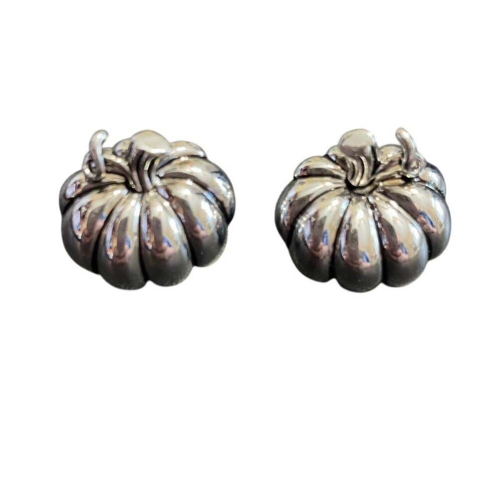 Vintage BEST Silver Tone 3D Pumpkin Earrings Figural Fall Halloween